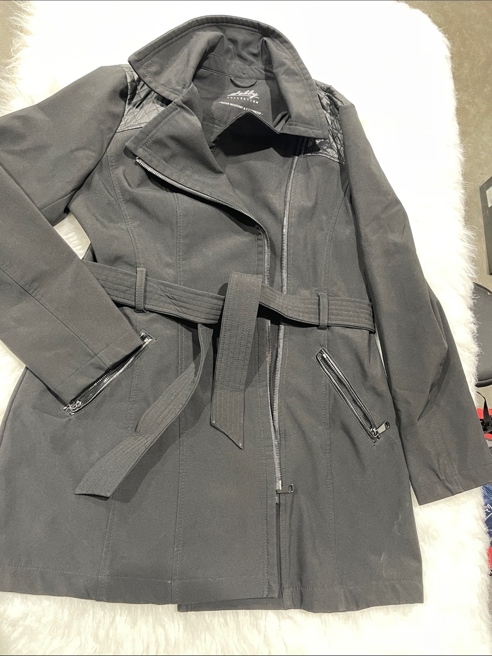 Sebby Black Belted Trench Coat with Zip Accents